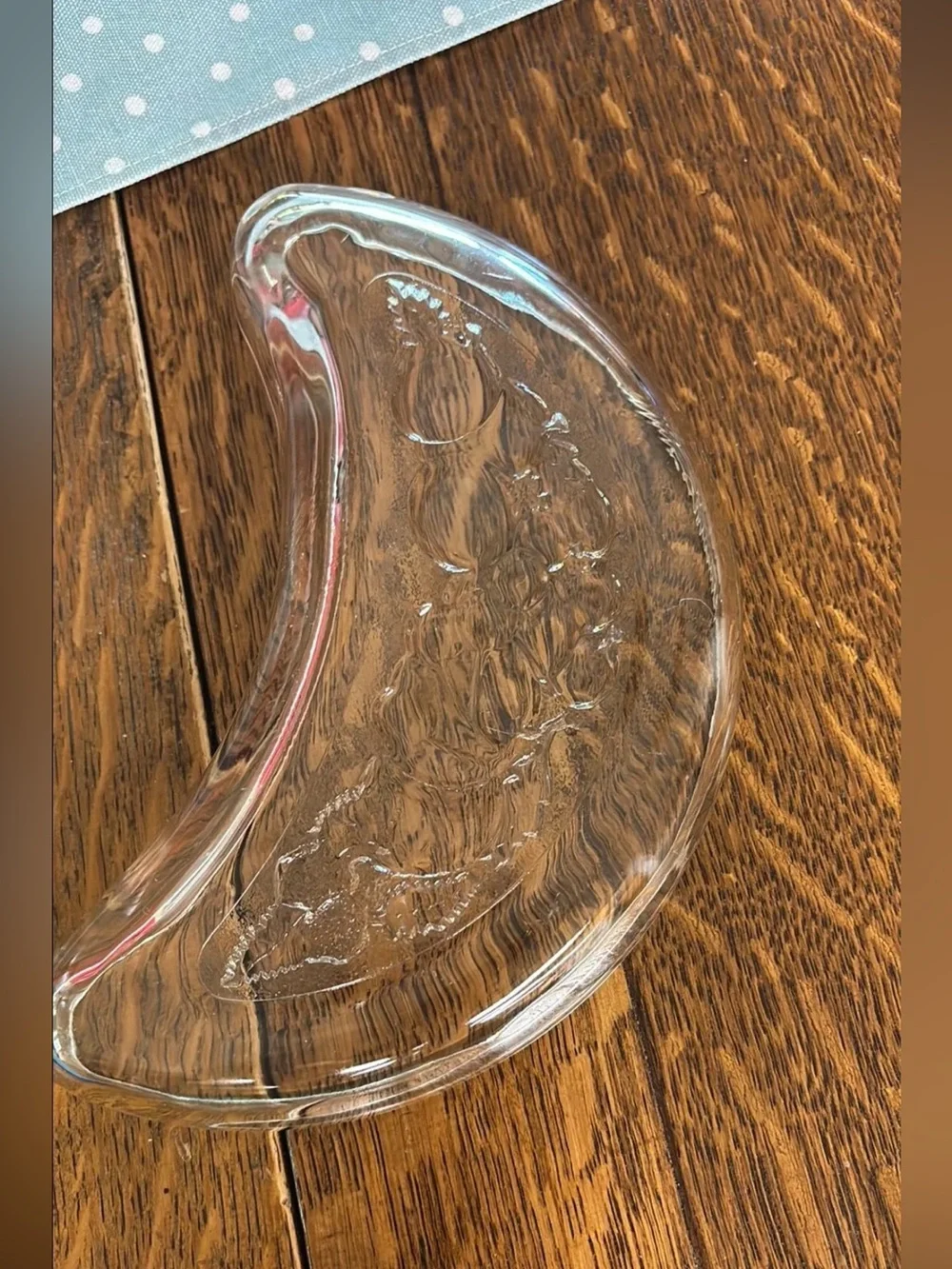 Vintage clear crescent shaped glass side or bone dishe with fruit design
